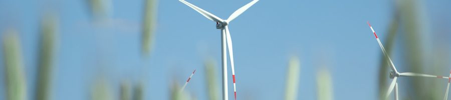 Windkraftanlage Windkraftanlagen aus der Perspektive im Feld aufgenommen. Im Hintergrund erscheint ein wolkenloser Himmel.