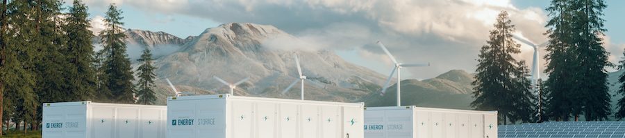 modern-container-battery-energy-storage-power-plant-system-3d-rendering Modern container battery energy storage power plant system accompanied with solar panels and wind turbine system situated in nature with Mount St. Helens in background. 3d rendering.